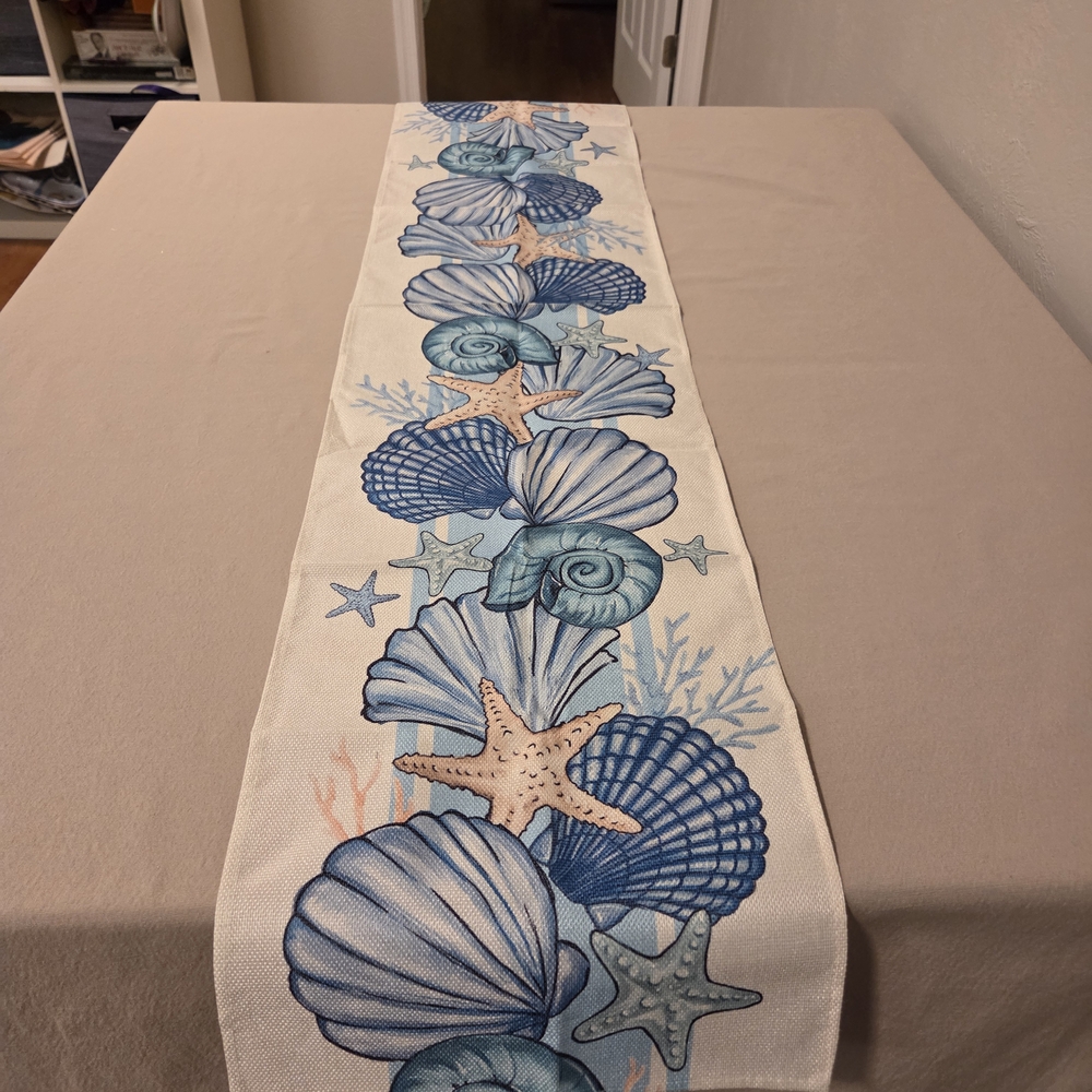 NAUTICAL TABLE RUNNER FEATURING SEASHELLS, STARFISH AND CORAL